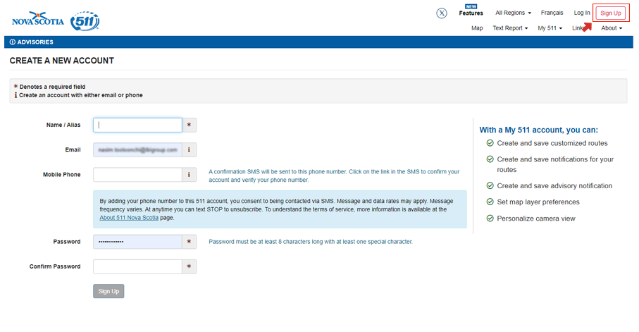 Signing up with 511 Nova Scotia