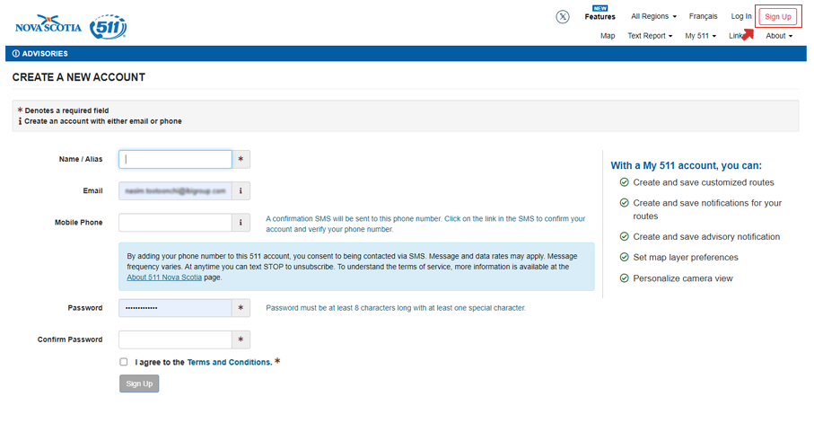 Signing up with 511 Nova Scotia